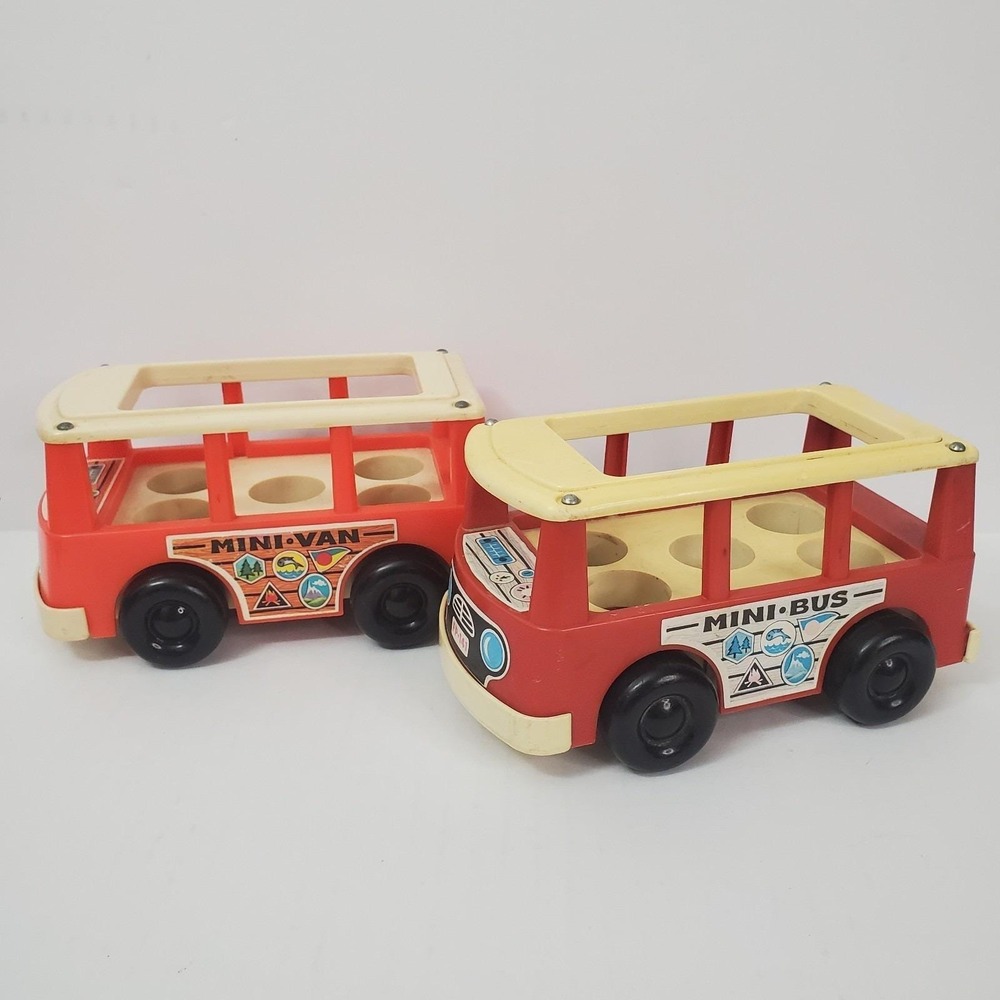 Vintage 60s Fisher-Price Little People Mini Bus, Mini Van 1969 Lot Of 2 Vehicles